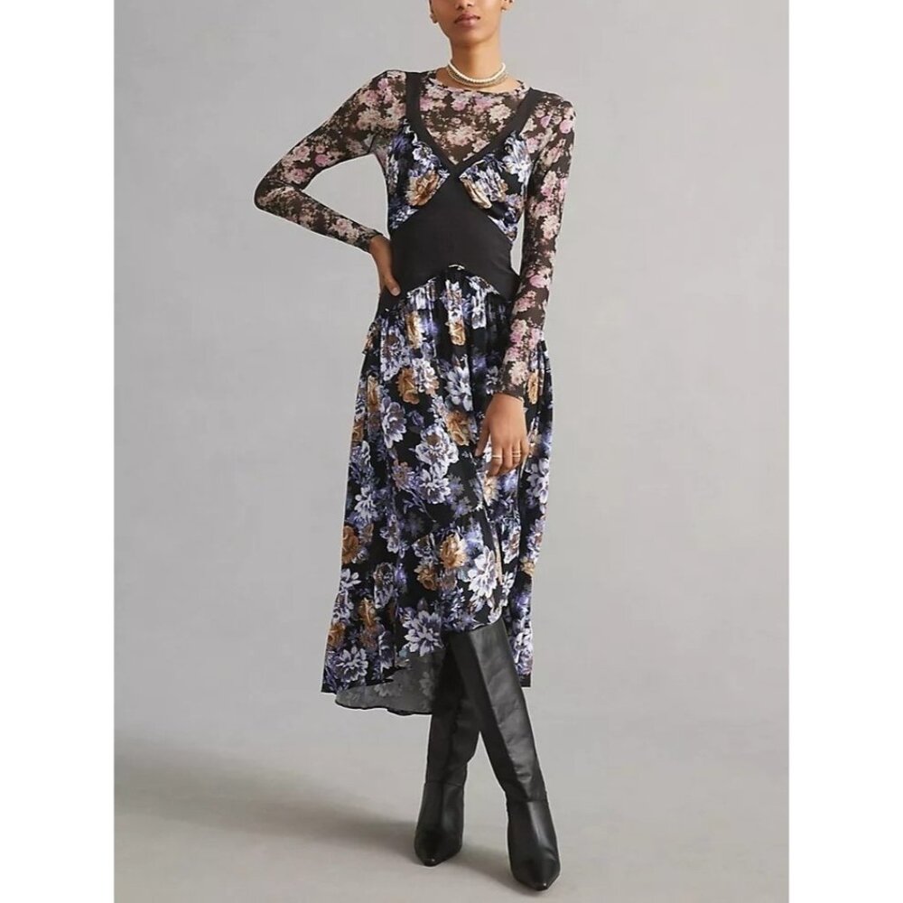 Anthropologie Postmark Floral High-Low Midi Dress Black Purple Smocked Back M